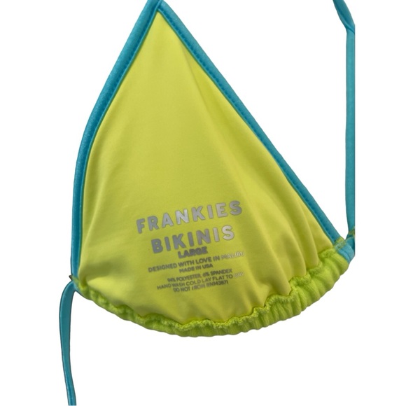 FRANKIES BIKINIS BIKINI TOP. LIME GREEN WITH TURQUOISE EDGING & TIES. SIZE LARGE - Picture 4 of 4